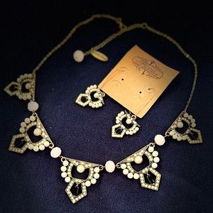 Romantic PLUNDER Art Deco Statement Necklace and Earrings Set Gold Tone